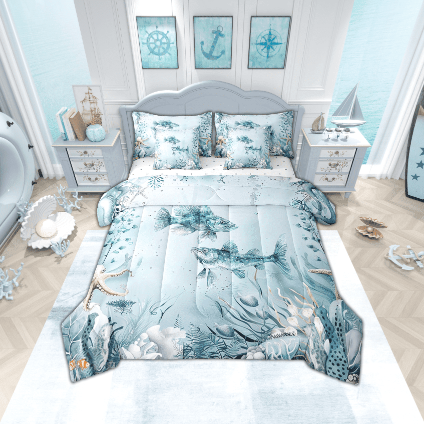 Pike Fish Comforter Set 7 Piece Bed in a Bag Twin,Teal Blue Ocean Beach Coastal Bedding Set Starfish Octopus Tentacles Sheet Sets with Comforter Creature Coral Bed Set,Kawaii Fish Room Decor