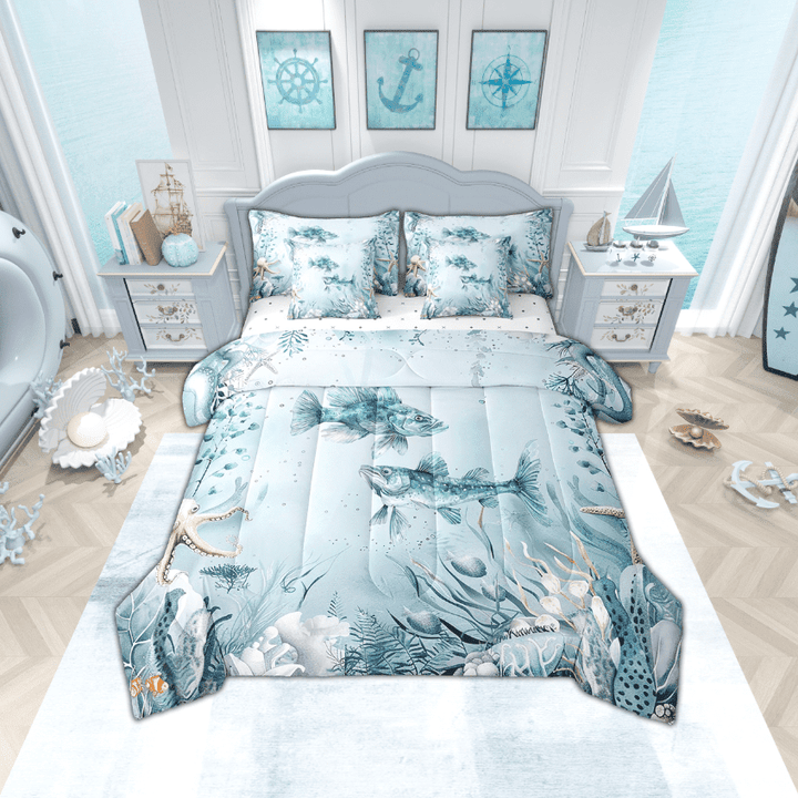 Pike Fish Comforter Set 7 Piece Bed in a Bag Twin,Teal Blue Ocean Beach Coastal Bedding Set Starfish Octopus Tentacles Sheet Sets with Comforter Creature Coral Bed Set,Kawaii Fish Room Decor