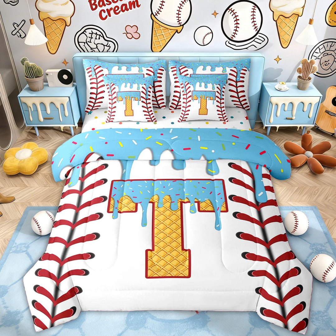 Erosebridal Ball Monogrammed T Kids Twin Bedding Sets, Cartoon Ice Cream Drip Bedding Comforter Set, 7-Piece