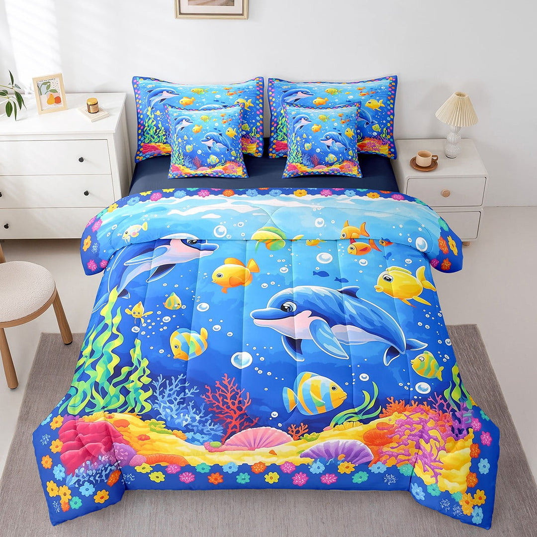Erosebridal Cartoon Fish Comforter Set Twin 7 Pcs Cute Dolphin Ocean Animals Sea Creatures Theme Flowers Bedding Set Marine life Sealife Bed in a Bag with Comforter,Sheets