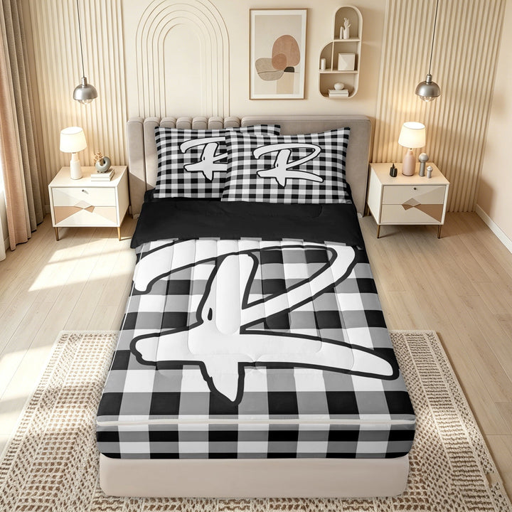 meiyoeat Graffiti Letter R Zipper Comforter Set with Fitted Sheet and 2 Pillowcases for Kids, Checkered Grid Zipper Bedding Set for Bedroom, Black White, Black Reversible, 3-Piece