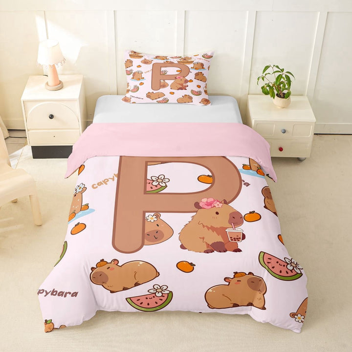 Erosebridal Kids P Personalized Initial Capybara Bubble Tea Twin Bedding,Boys Girls Kawaii Funny Food Duvet Cover Set,2pcs,No Comforter,Pink Reversible