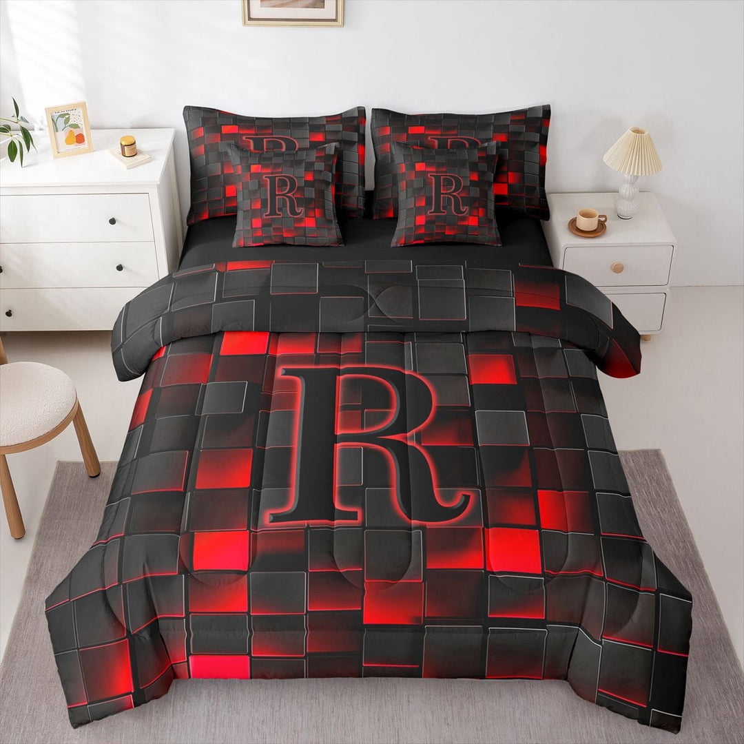 Erosebridal Girls Boys Neon Lights Futuristic Cubes Twin Bedding Sets 7-Piece,R Letter Monogrammed Black Red Bedding Comforter Set For Kids Teens,Black Reversible