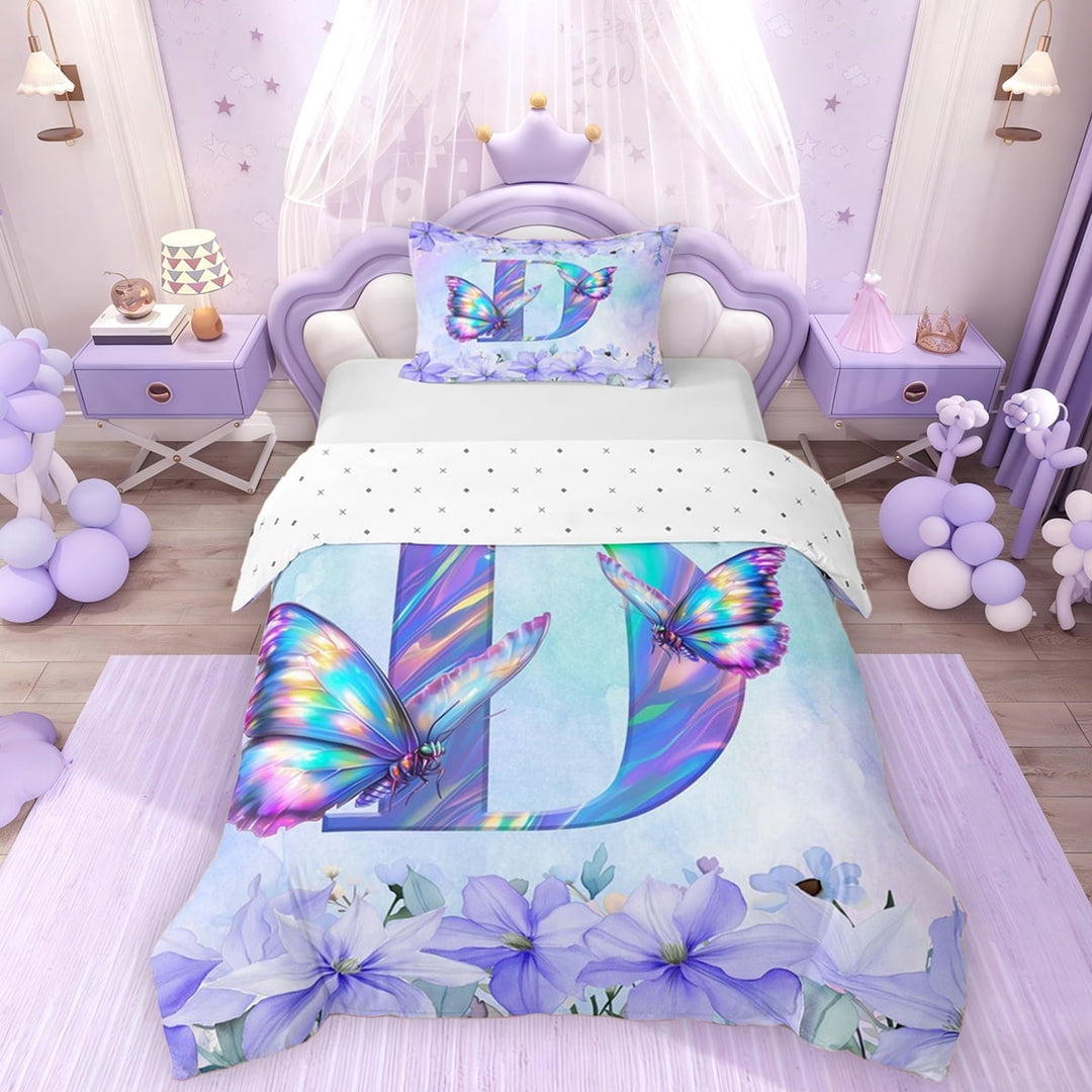 Erosebridal Purple Butterfly Twin Bedding for Girls, Garden Flower Floral Duvet Cover Set, Monogrammed D, Reversible, 1 Duvet Cover and 1 Pillowcase (No Comforter)