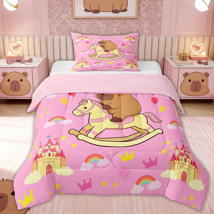 Erosebridal Capybara Twin Comforter Sets for Kids, Fairy Castle Bedding Set, 2-Piece, Pink Reversible