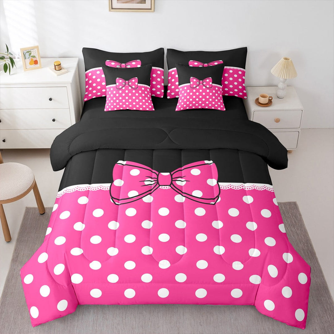 Erosebridal Polka Dot Bed in a Bag Twin size, Kawaii Bowknot Bed Set, Princess Style Decor, Reversible 7pcs