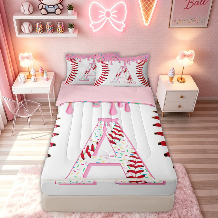 meiyoeat Ice Cream Candy Baseball Zipper Full Size Comforter Sets with Fitted Sheet and 2 Pillowcases for Boys Girls, Pink Sport A Letter Zipper Bedding Set, Pink Reversible, 4 Pieces
