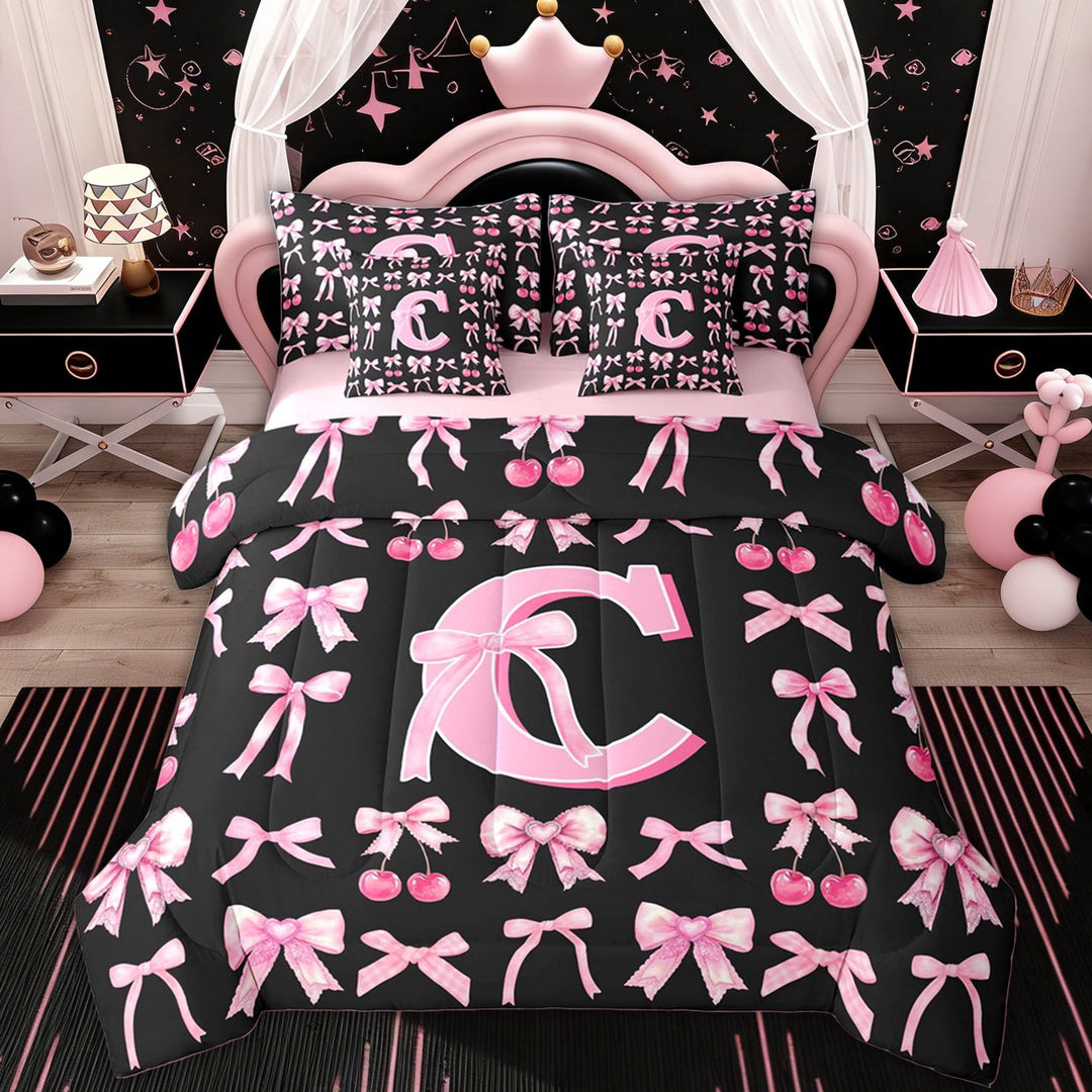 Erosebridal Monogrammed C Kids Twin Bedding Sets, Pink Princess Bow Bedding Comforter Set, 7-Piece
