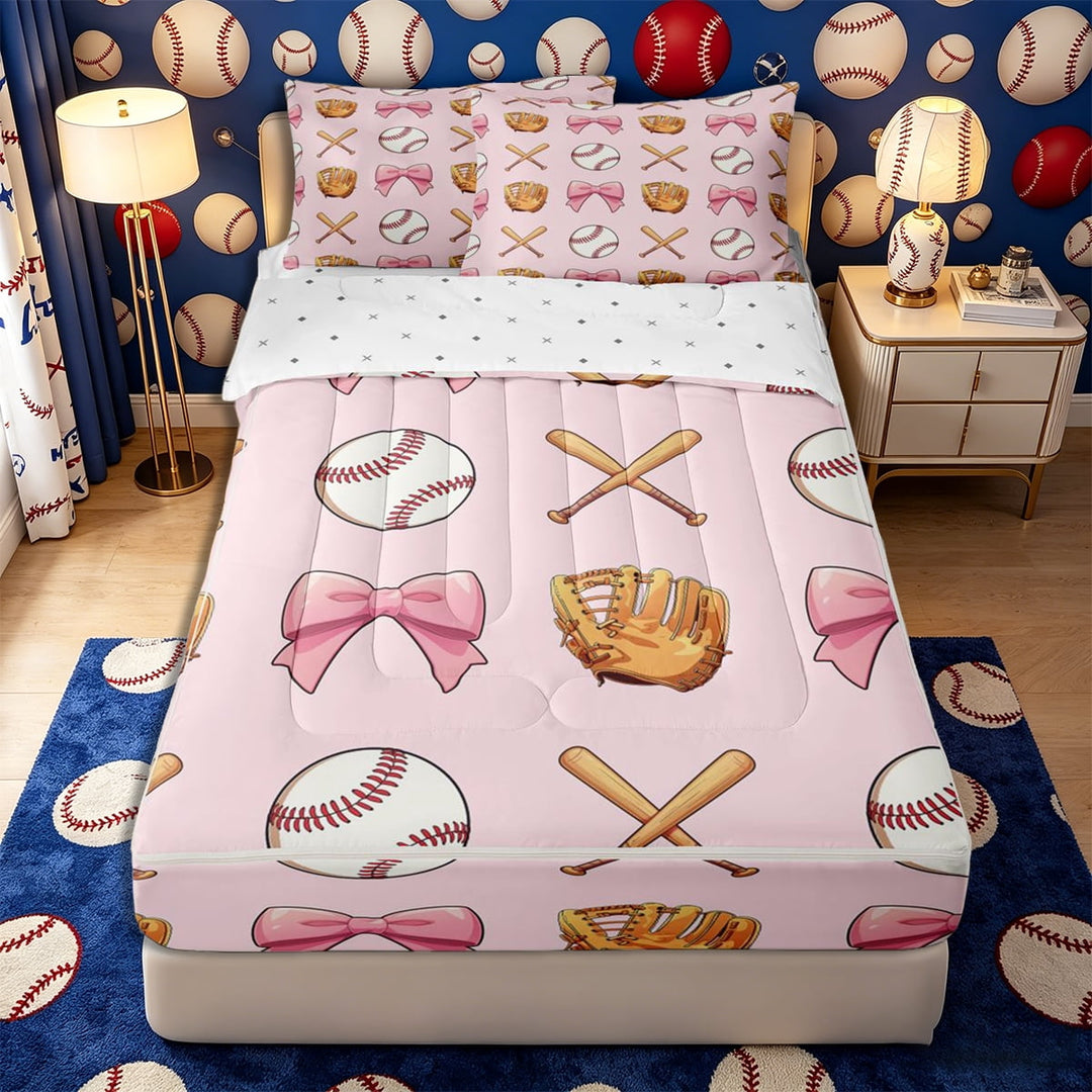 Meiyoeat Sport Glove Baseball Zipper Full Size Comforter Sets with Fitted Sheet and 2 Pillowcases, Pink Bow Zipper Bedding Set,4pcs