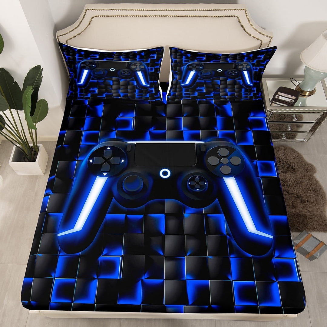 Gamer Twin Bed Sheets Blue Gaming Fitted Sheet Geometric Game Console Bedding Set For Teen Video Game Room Decor Neon Lights Gamepad Breathable Fitted Sheets