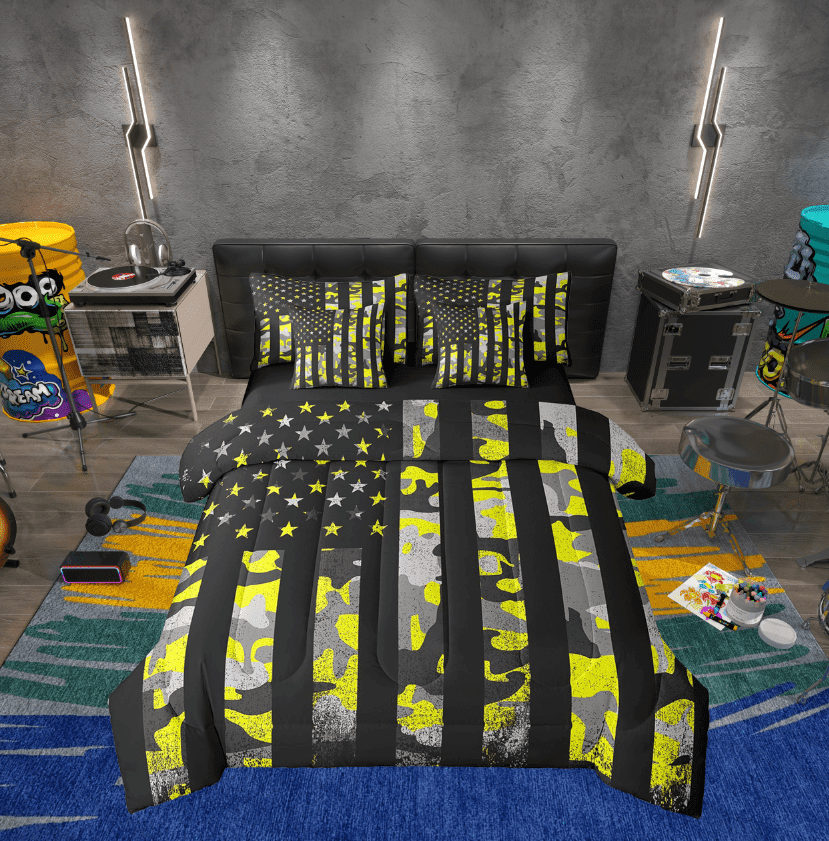 Erosebridal Stars Stripes Flag Bed in a Bag Twin size, Yellow Camo Bed Set, Camouflage Theme Decor, Reversible