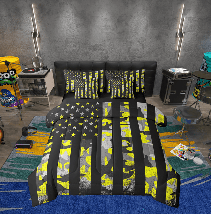 Erosebridal Stars Stripes Flag Bed in a Bag Twin size, Yellow Camo Bed Set, Camouflage Theme Decor, Reversible