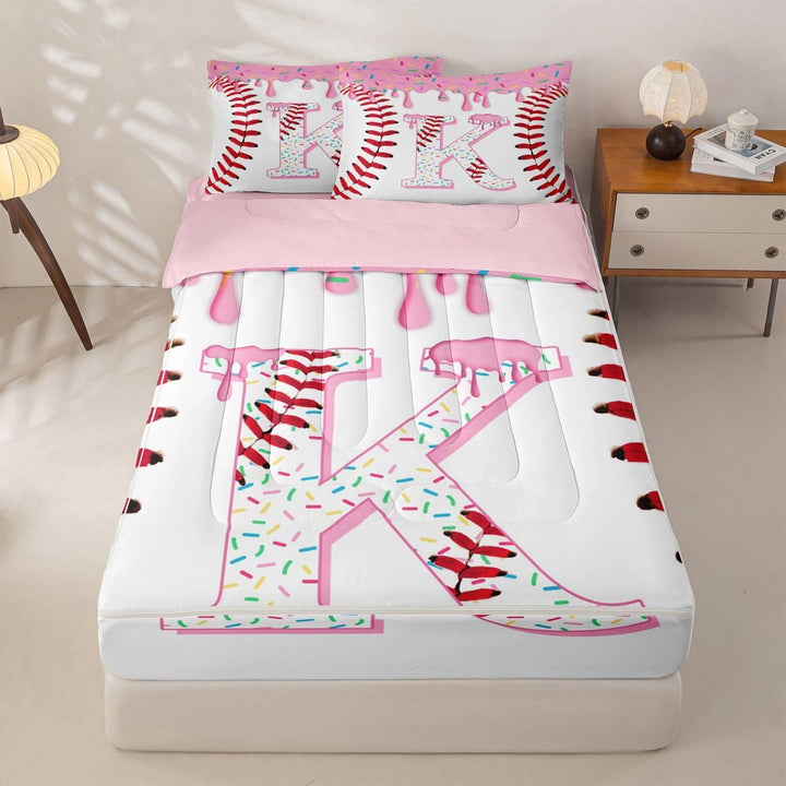 meiyoeat Donut Baseball K Letter Zipper Twin Comforter Sets with Fitted Sheet and 2 Pillowcases for Kids Girls, Cartoon Ice Cream Drip Zipper Bedding Set, Pink, Pink Reversible, 4pcs