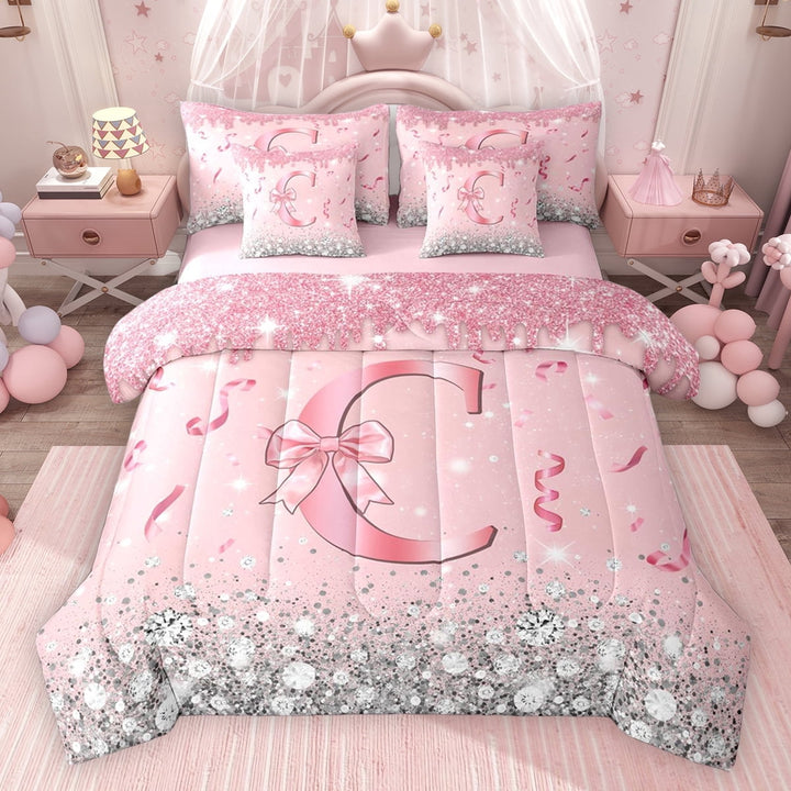 Erosebridal Dreamy Glitters Print Twin Bedding Sets for Girls, Pink Bling C Letter Bedding Comforter Set, Pink Reversible 7 Pieces