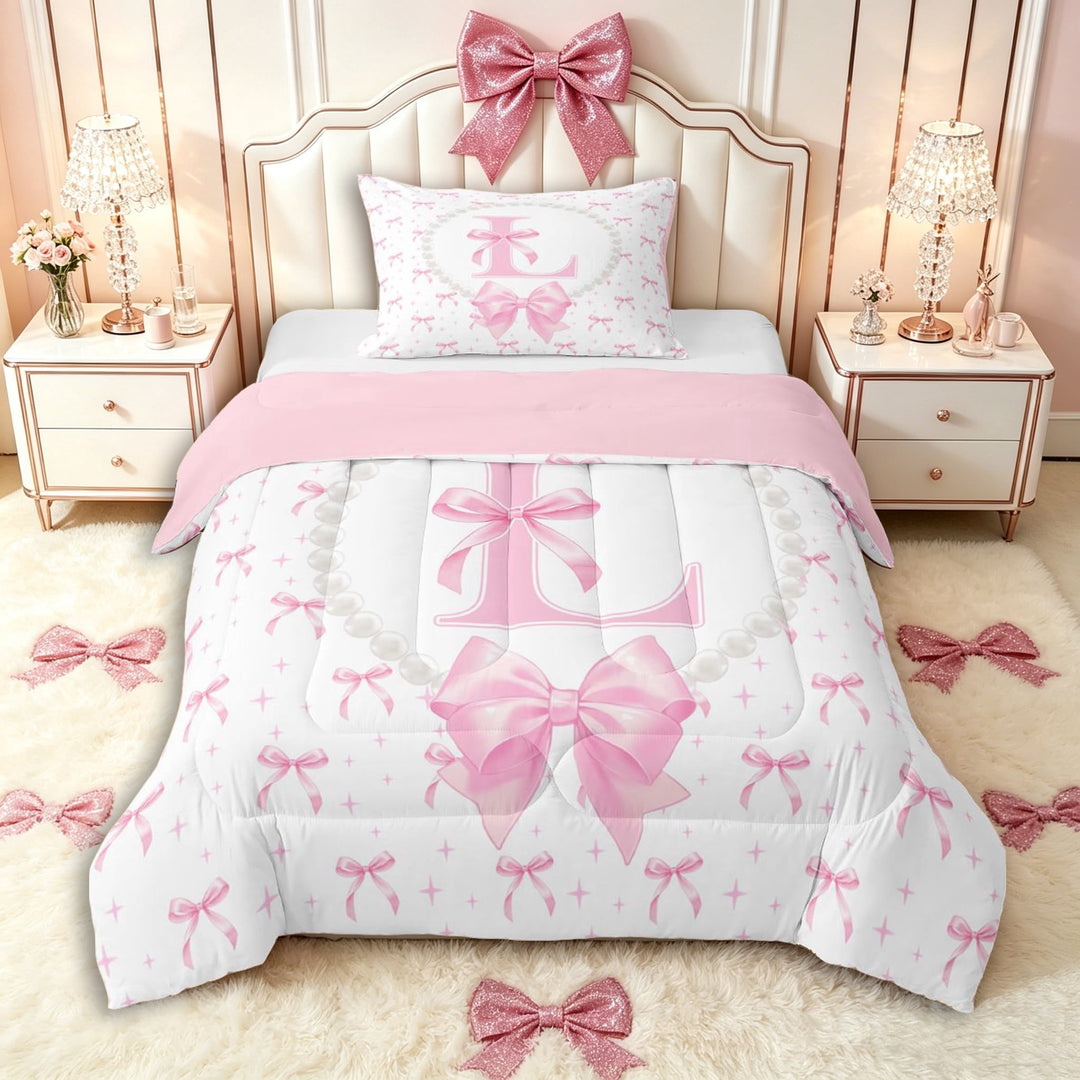 Manfei Pink Letter Monogrammed L Twin Comforter Sets 3-Piece for Girls Women,Kids Teens Princess Pearl Bow Knot Bedding Set,Pink Reversible,Super Cozy Room Decor