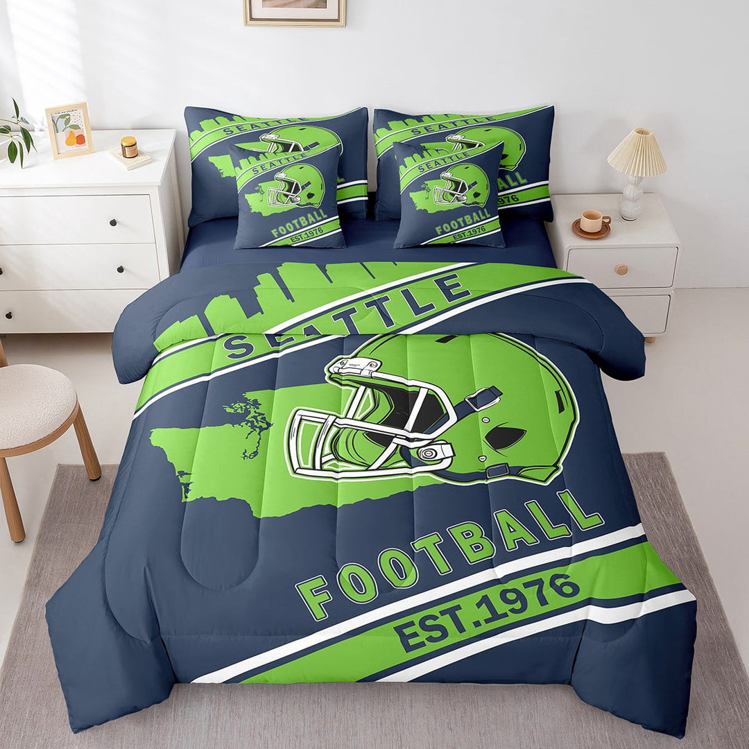 Erosebridal Football Helmet Print Bedding Twin Size, Sports Theme Bedding Accessories , Seattle, Navy Green, Super Cozy 7-Piece