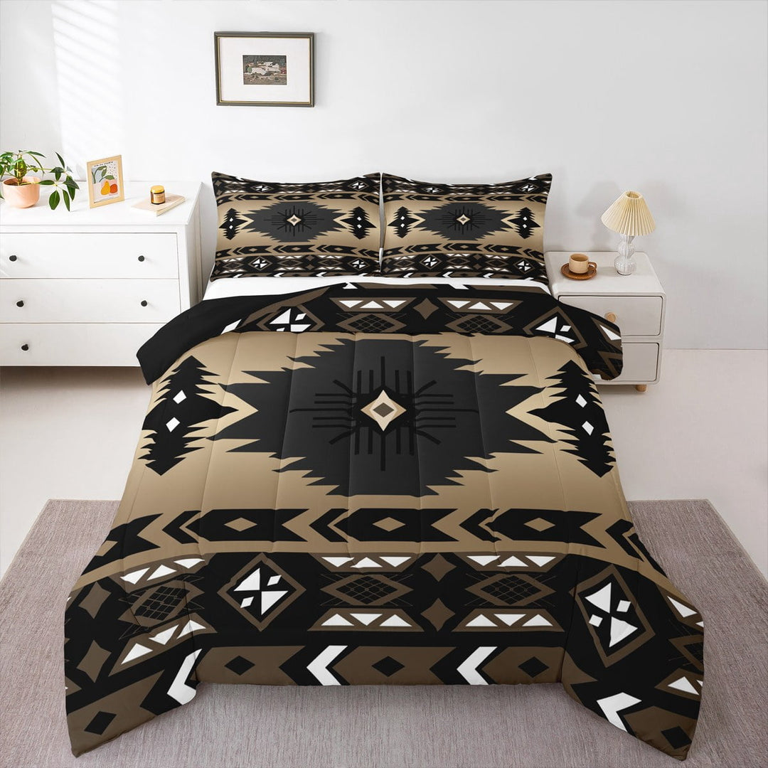 Southwestern Comforter Set Full Bohemian Geometric Quilt,Ethnic Tribal Arrow Bedding Set Western Duvet Insert Country Decor,Geometry Diamond Triangle Exotic Aztec Boho Decor,Black Brown