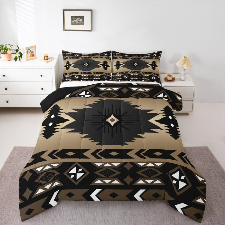 Southwestern Comforter Set Full Bohemian Geometric Quilt,Ethnic Tribal Arrow Bedding Set Western Duvet Insert Country Decor,Geometry Diamond Triangle Exotic Aztec Boho Decor,Black Brown