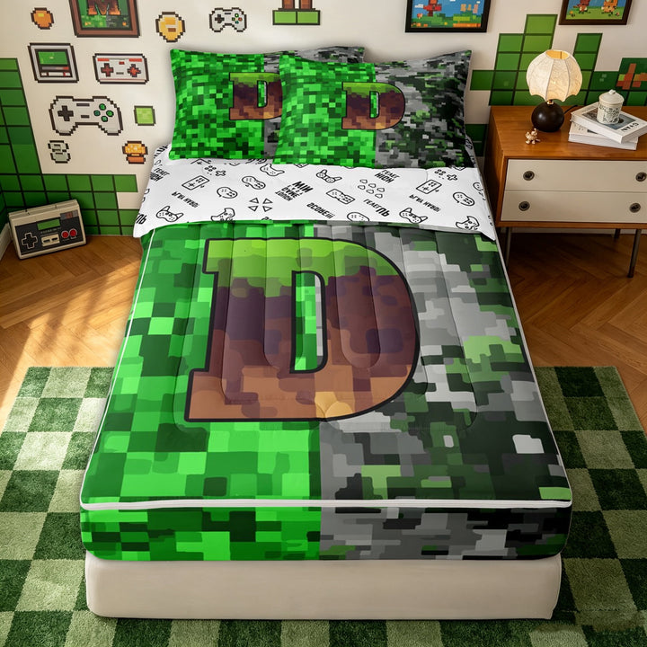 Erosebridal Pixel Letter D Grass Block Zipper Twin Comforter Sets with Fitted Sheet and 2 Pillowcases for Boys, Green Gray Game Alphabet Zipper Bedding Set, Gamepad Reversible, 4pcs