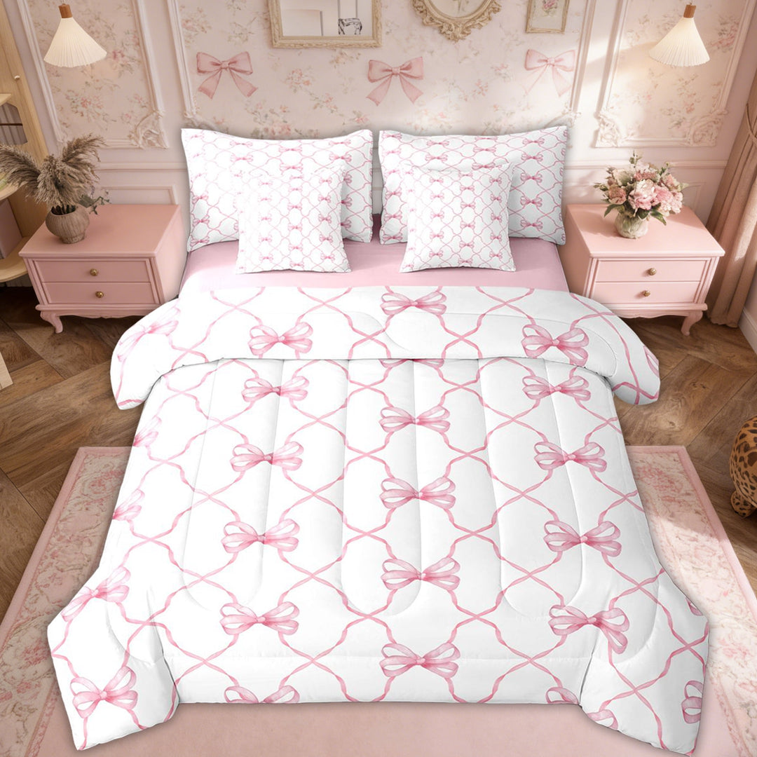 Erosebridal Pink Bow Comforter Set Cute Bowknot Girls Full Bedding Set Ribbon Bow Bed In A Bag 7 Pcs Kawaii Watercolor Bow Tie Bedding Comforter Sets Princess Room Decor