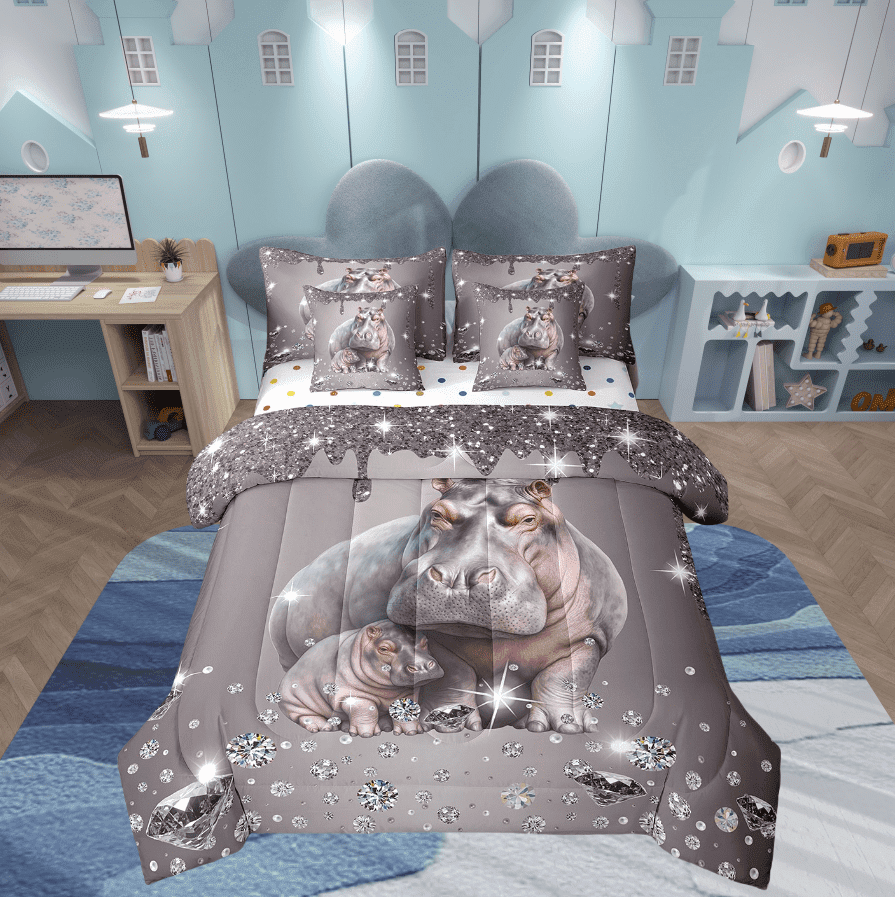 Hippo Comforter Set 7 Piece Bed in a Bag Twin,Grey Sequin Fluid Art Bedding Set,Crystal Diamond Comforter and Sheet Set Coastal Creature Bed Set,Animal Room Decor