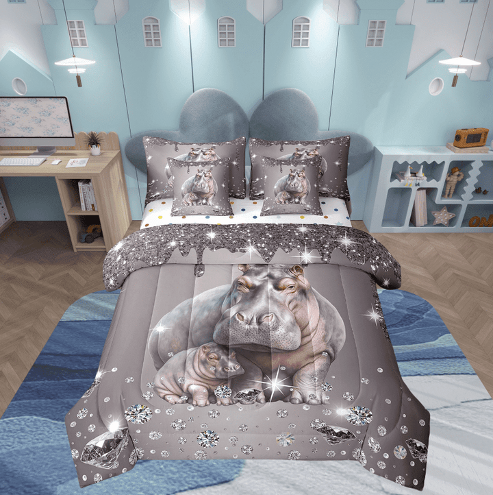 Hippo Comforter Set 7 Piece Bed in a Bag Twin,Grey Sequin Fluid Art Bedding Set,Crystal Diamond Comforter and Sheet Set Coastal Creature Bed Set,Animal Room Decor