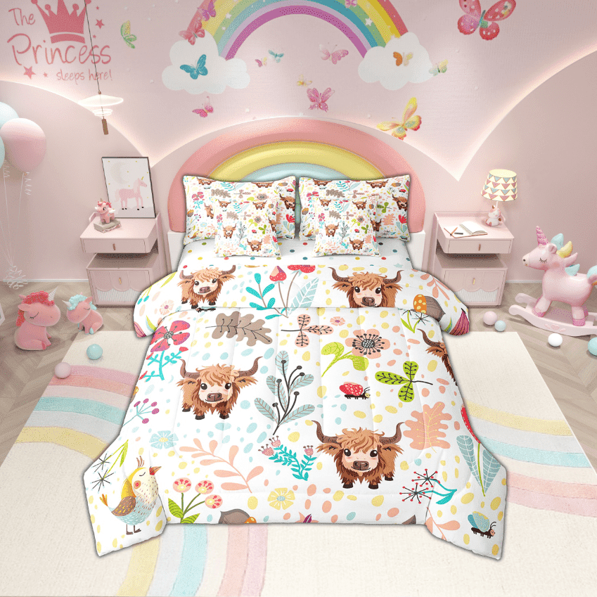 Erosebridal Floral Highland Cow Comforter Set With Sheets Full 7 Piece Cute Highland Cattle Cowboy Bed In A Bag Cartoon Western Farm Animal Bedding Kawaii Leaf Bed Set