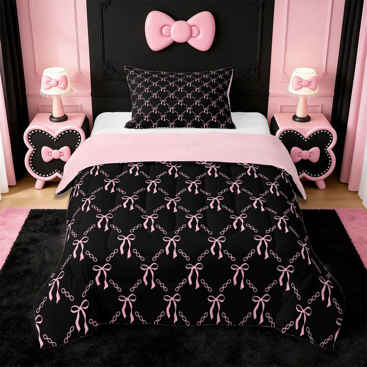 Erosebridal Ribbon Bows Bowtie Twin Comforter Sets For Kids,Cartoon Bowknot Print Bedding Set,Black Pink, Reversible 2-Piece