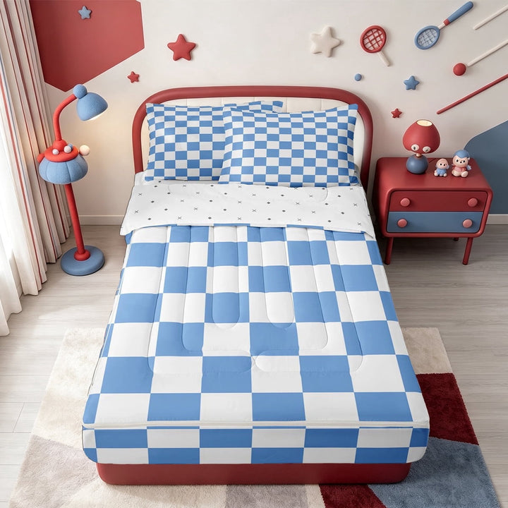 meiyoeat Blue Geometric Grid Zipper Twin Comforter Sets with Fitted Sheet and 2 Pillowcases,Minimalist Geometric Print Zipper Bedding Set,Reversible,4 Pieces