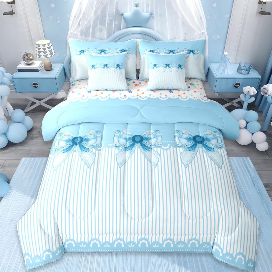 Erosebridal Blue Ribbon Bow 7-Piece Twin Bedding Sets For Girls Teens,Cartoon Girly Bowknot Bedding Comforter Set,Reversible