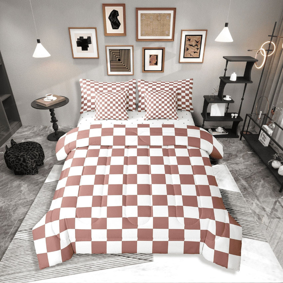 Erosebridal Buffalo Square Bedding Sets Twin Size,Brown White Comforter Sets with Sheets,Geometric Decoration,Breathable,7-Piece