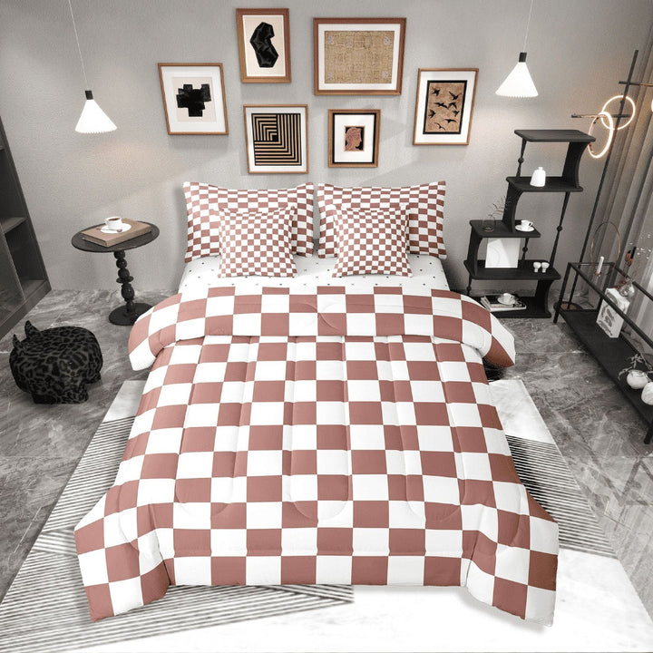 Erosebridal Buffalo Square Bedding Sets Twin Size,Brown White Comforter Sets with Sheets,Geometric Decoration,Breathable,7-Piece