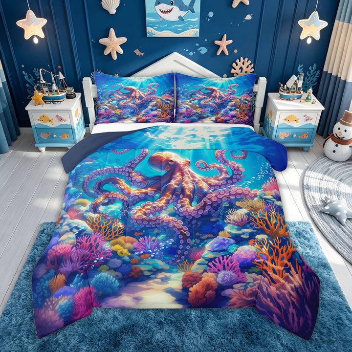 meiyoeat Sea Reef Octopus Full Size Comforter Sets for Kids Boys Girls, Cartoon Ocean Animal Bedding Comforter Set, Blue, Blue Reversible, 3-Piece, 1 Comforter and 2 Pillowcases