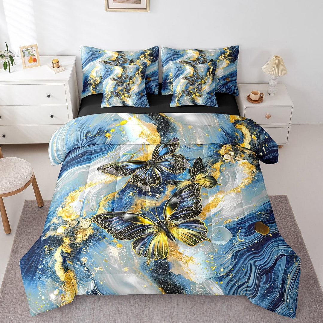 Blue Marble Bed in a Bag Queen Comforter Set 7 Piece Black Butterfly Sheet Set,Gold Marbling Bedding Sets,Abstract Ombre Ink Fluid Art Bed Set Rustic Animal Dreamy Butterflies Room Decor Aesthetic