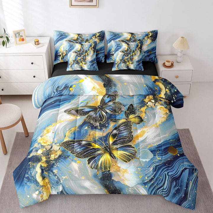 Blue Marble Bed in a Bag Queen Comforter Set 7 Piece Black Butterfly Sheet Set,Gold Marbling Bedding Sets,Abstract Ombre Ink Fluid Art Bed Set Rustic Animal Dreamy Butterflies Room Decor Aesthetic