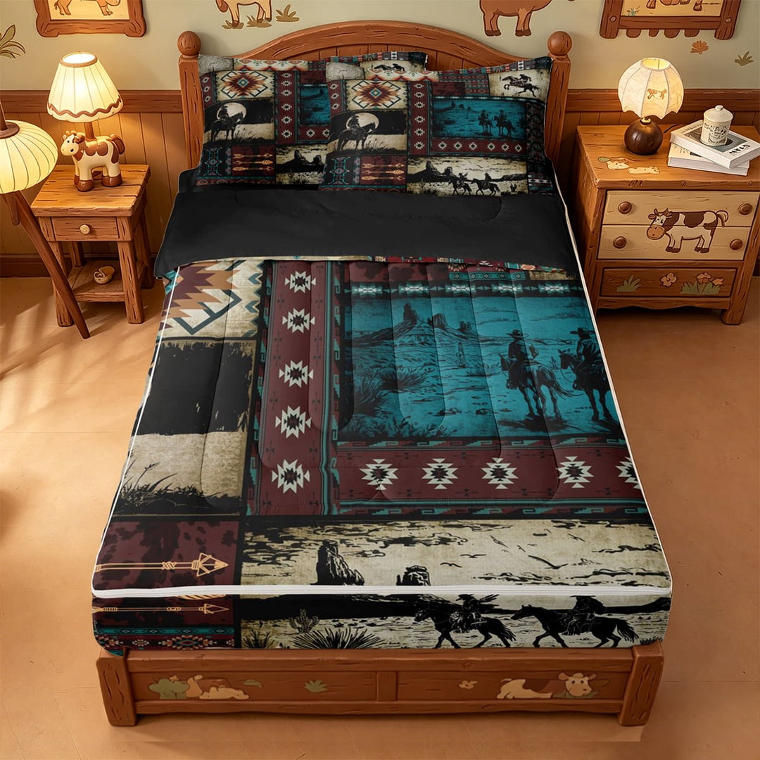 meiyoeat Western Cowboy Horse Zipper Twin Comforter Sets with Fitted Sheet and 2 Pillowcases,Vintage Aztec Geometric Print Zipper Bedding Set For Adult,Black Reversible,4-Piece