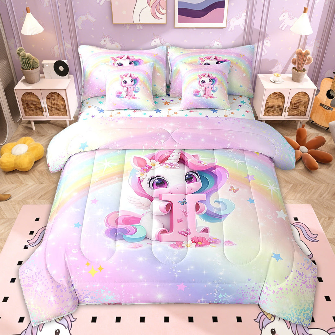 Erosebridal Initial I Letter Bed in a Bag Twin size, Cute Unicorn Rainbow Bed Set for Kids Girls, Colorful Stars Reversible 7pcs