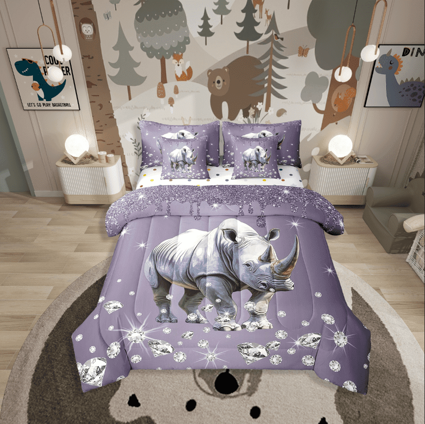 Erosebridal Wildlife Rhinoceros Bedding Sets Twin Size,Bling Sequin Print Comforter Sets With Sheets,Crystal Room Decorative,Reversible,Breathable,7Pcs