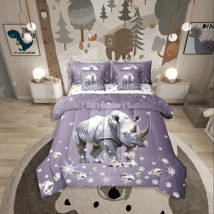 Erosebridal Wildlife Rhinoceros Bedding Sets Twin Size,Bling Sequin Print Comforter Sets With Sheets,Crystal Room Decorative,Reversible,Breathable,7Pcs