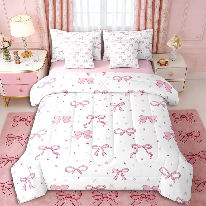 Erosebridal Kids Kawaii Bowknot Twin Bedding Sets 7-Piece,Girls Teens Cute Stars Print Bedding Comforter Set,Pink Reversible,Luxury Bedroom Decor