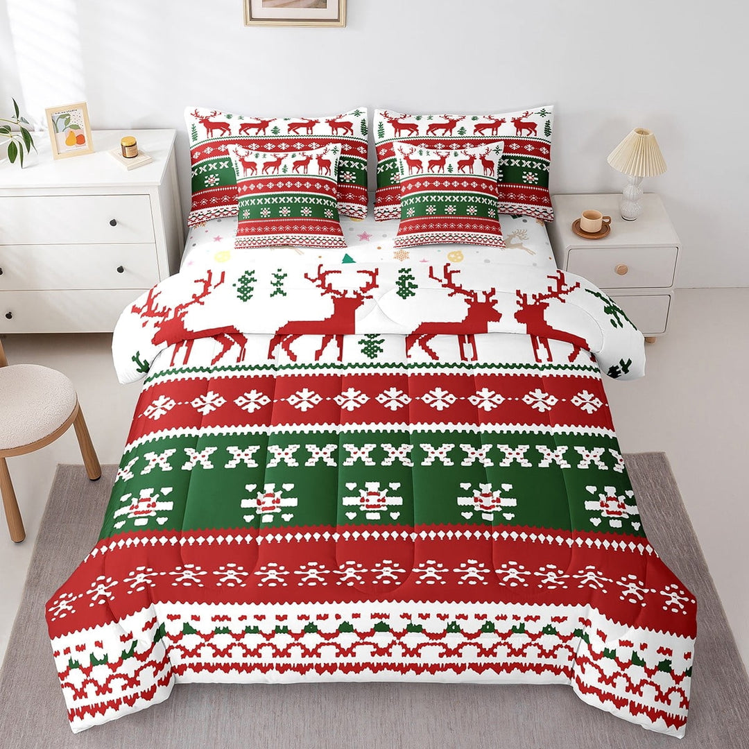 Red Elk Deer Comforter Set 7 Piece Bed in a Bag Twin,Green Christmas Tree Bedding Set Xmas Snowflake Sheet Set with Comforter,Love Hearts Reindeer Bed Set