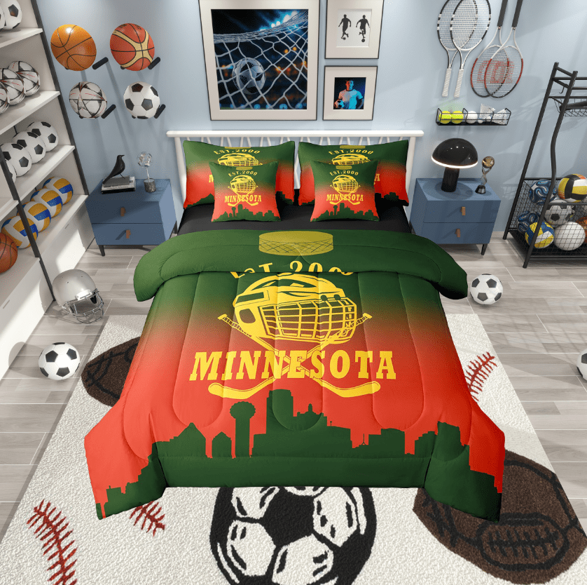 Erosebridal Football Minnesota Bedding Sets Twin Size, Soccer Sport Comforter Sets with Sheets, Red Green Reversible Bed Set, Lightweight Bedroom Decorative, 7pcs