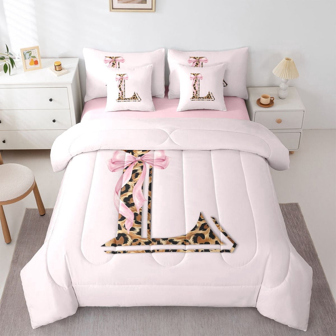 Erosebridal Cheetah Print L Letter Kid Twin Bedding Sets, Princess Pink Ribbon Bedding Comforter Set, 7 Pieces