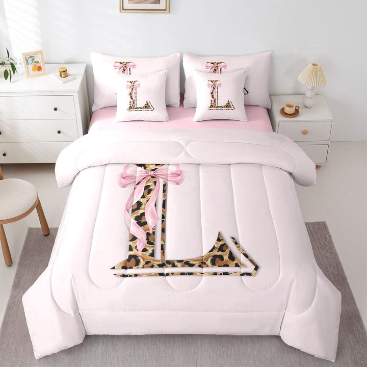 Erosebridal Cheetah Print L Letter Kid Twin Bedding Sets, Princess Pink Ribbon Bedding Comforter Set, 7 Pieces