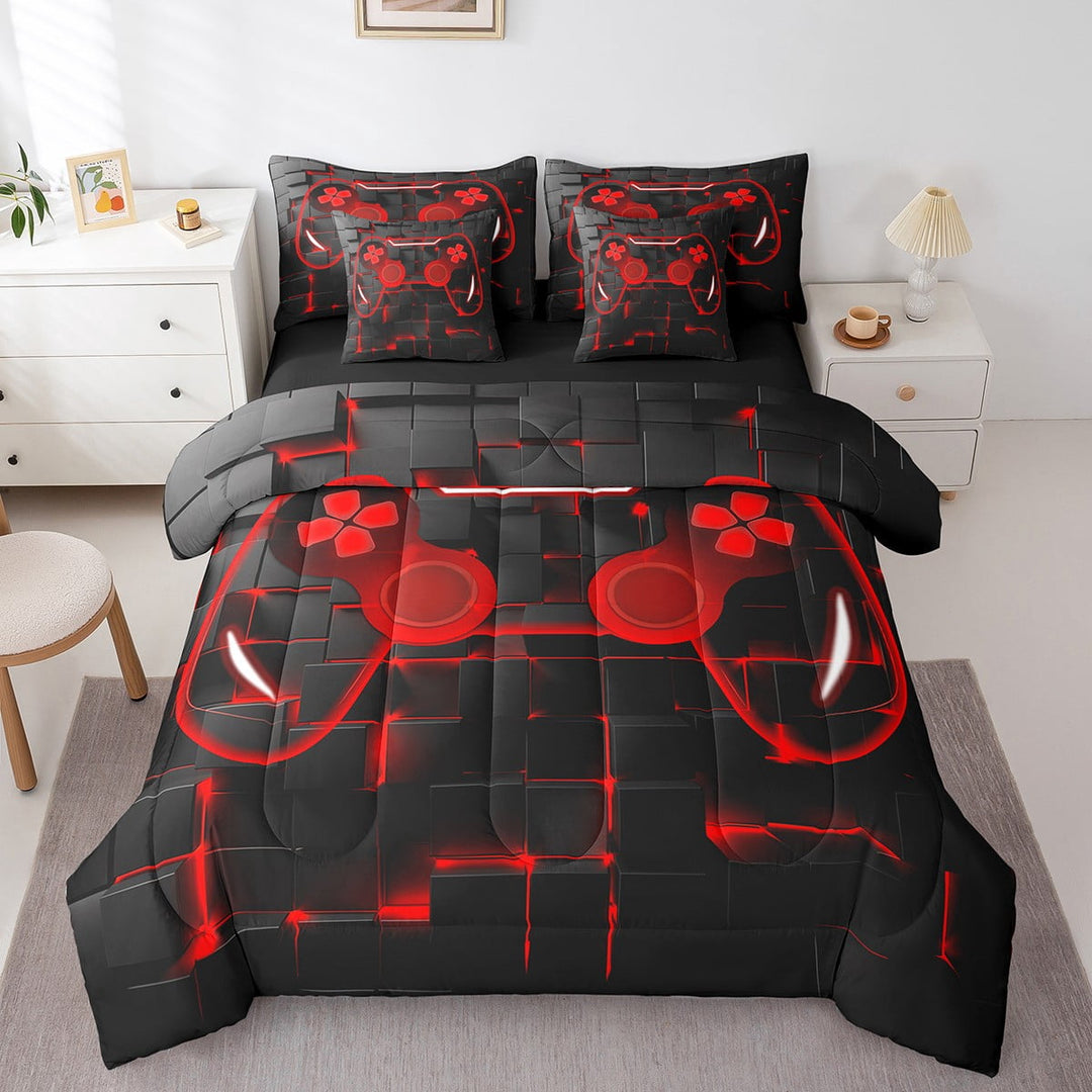 Erosebridal Game Bedding Sets,Gaming 7 Pcs Comforter Set Full,Gamer Bed In A Bag with Flat Sheet and Fitted Sheet Neon Lights Gamepad Bed Set for Men,Geometry Grid Comforter,Red Black