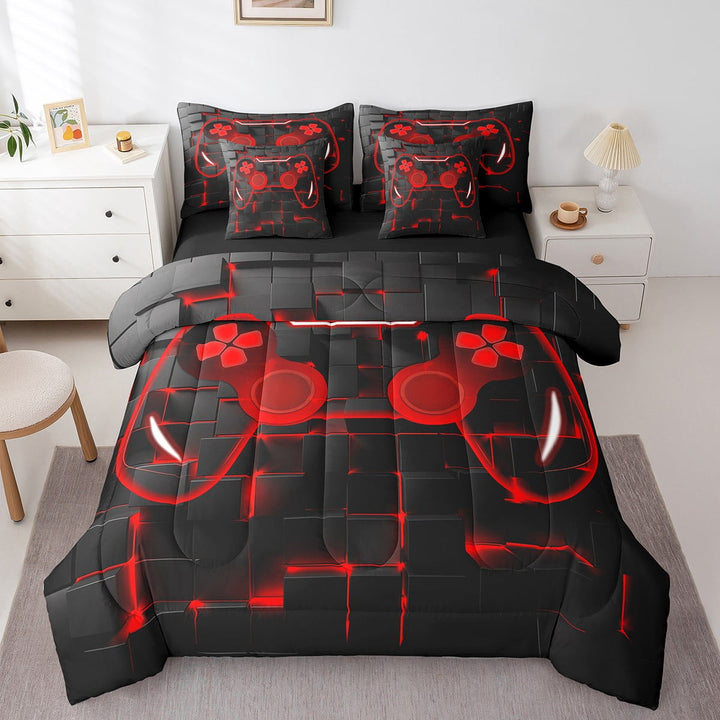 Erosebridal Game Bedding Sets,Gaming 7 Pcs Comforter Set Full,Gamer Bed In A Bag with Flat Sheet and Fitted Sheet Neon Lights Gamepad Bed Set for Men,Geometry Grid Comforter,Red Black