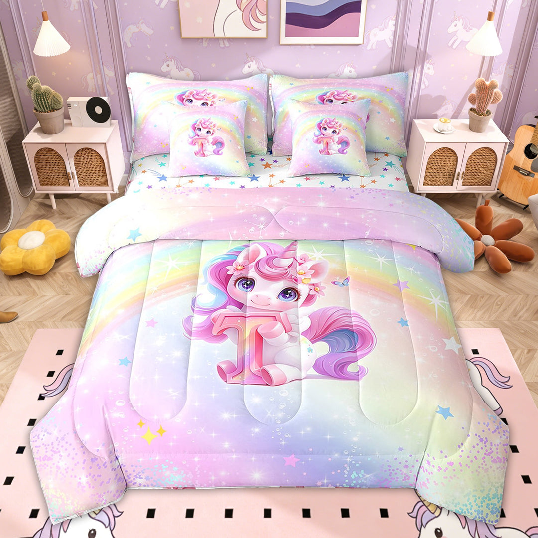 Erosebridal Initial A-Z Bedding Sets Twin Size for Kids Girls, Girly Unicorn Letter T Bedding Comforter Set, Colorful Stars Reversible, 7pcs