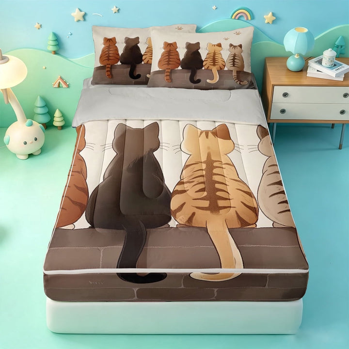 meiyoeat Pet Animal Cat Zipper Twin Comforter Sets with Fitted Sheet and 2 Pillowcases,Cute Kitten Zipper Bedding Set,Light Gray Reversible,4 Pieces