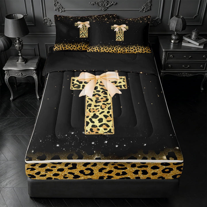 meiyoeat Cheetah Pattern Monogram T Zipper Twin Comforter Sets with Fitted Sheet and 2 Pillowcases,Fashion Leopard Print Letter Design Zipper Bedding Set For Girl,Black Reversible,4-Piece