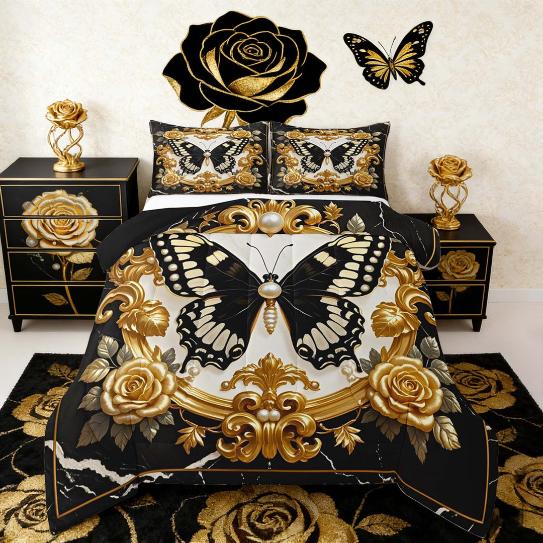 Manfei Wild Butterfly Bedding Sets Full with Comforter for Girls, Vintage Damask Duvet Insert, Gold Rose Flower Comforter Sets Full Size, Microfiber Bedroom Decor, 3pcs Reversible